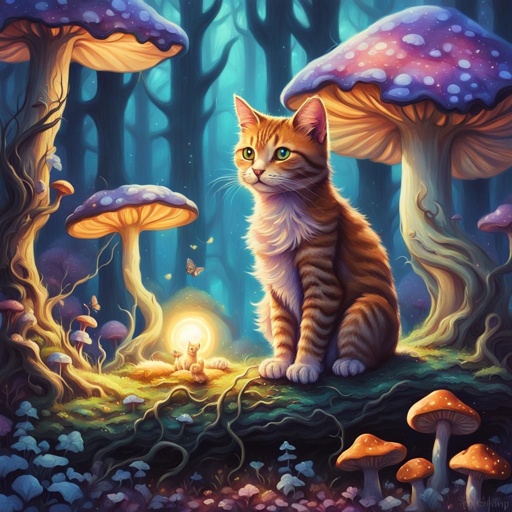 Cat on Mushroom in Mystical Forest Concept Art