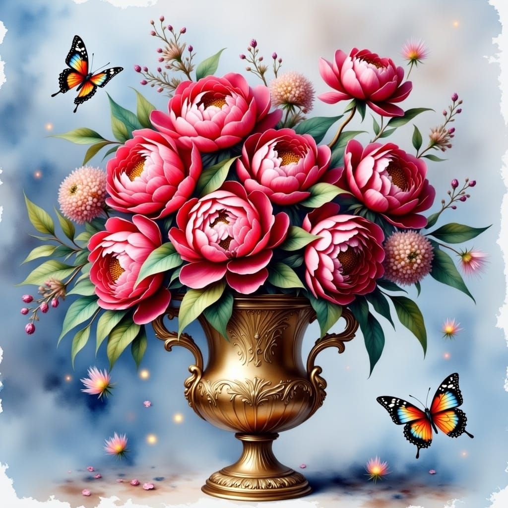 Red Peonies in Golden Urn: Antique Watercolor