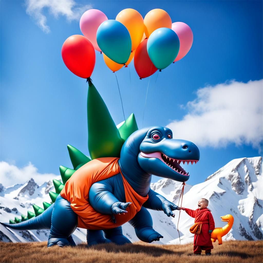 Monk with Toy Dinosaur in Snowy Mountains
