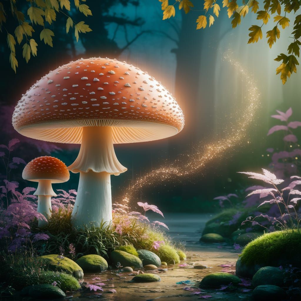 Whimsical Enchanted Forest Scene in Warm Morning Light