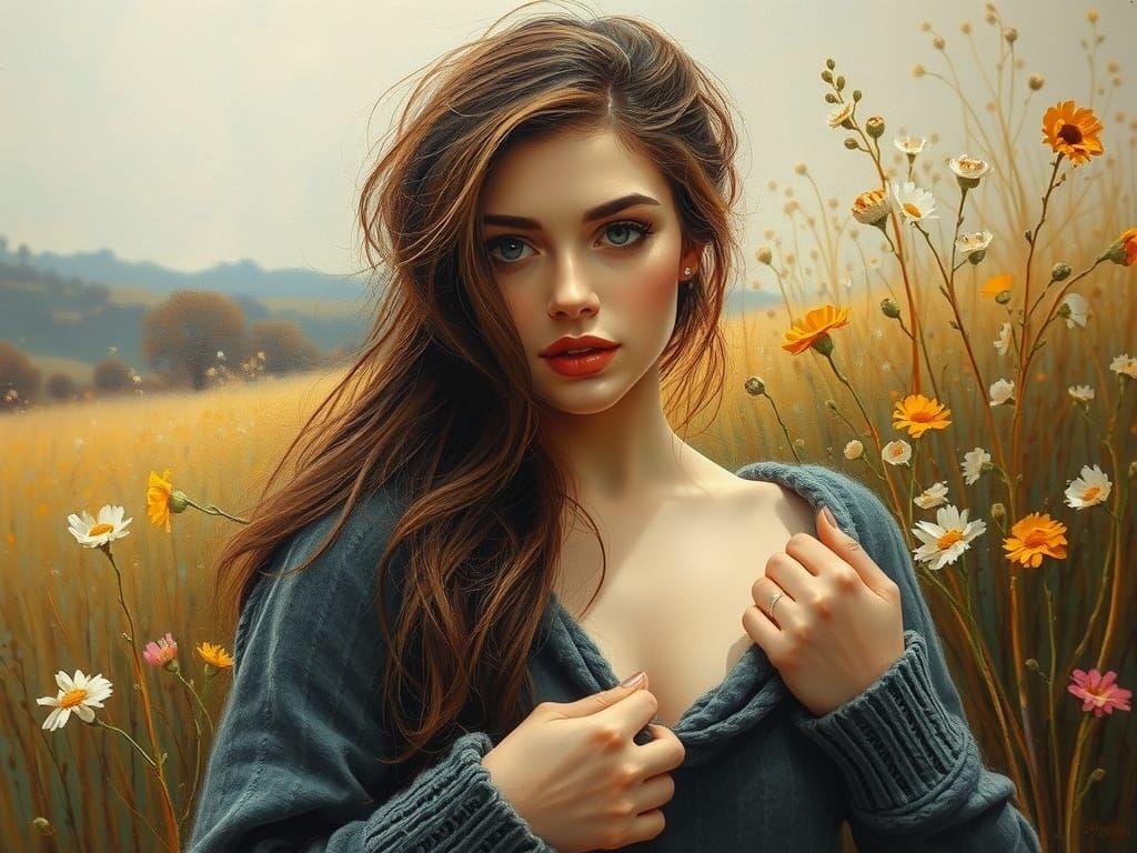 Woman in Spring Landscape: Oil Painting with Impasto