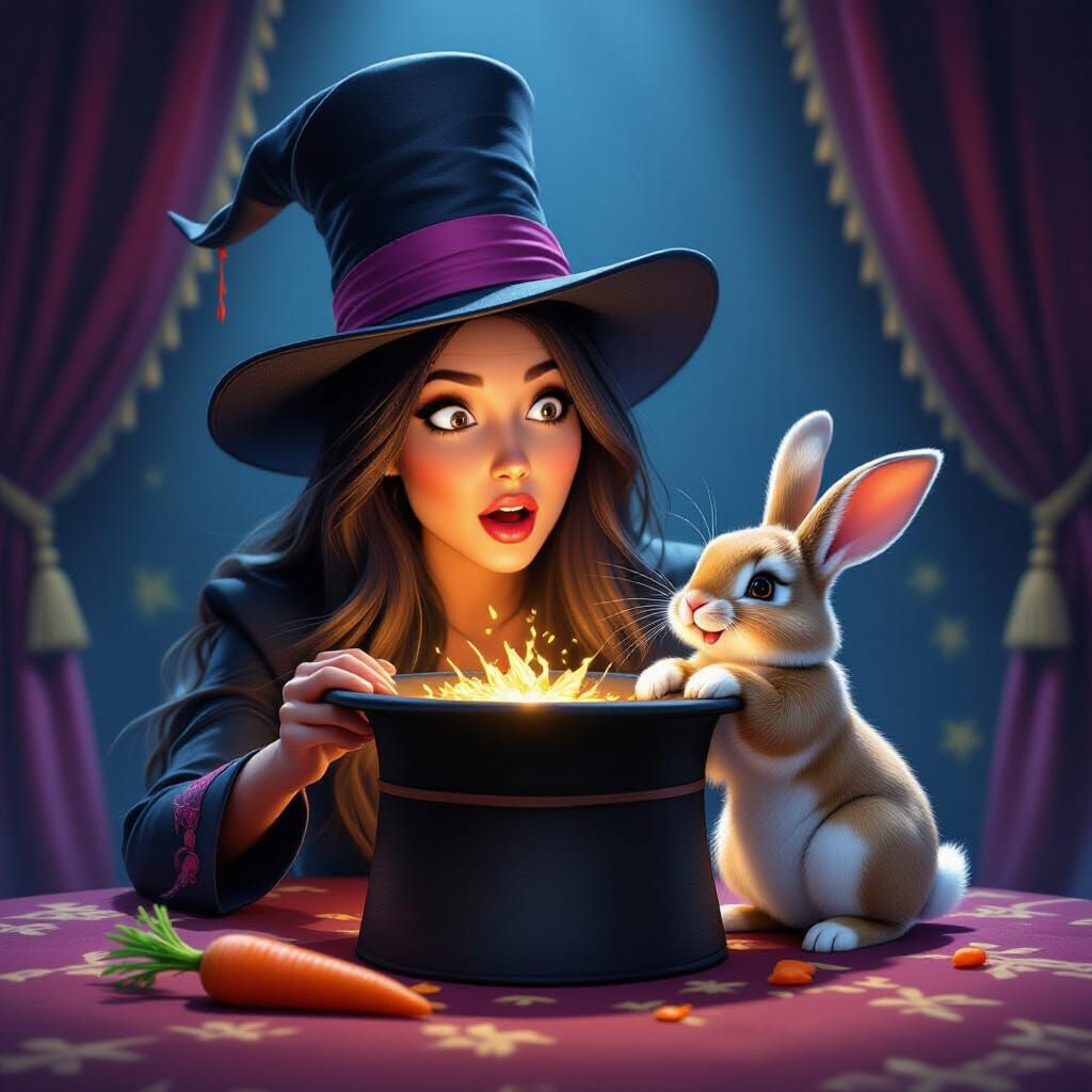 Magician Woman Surprised by Escaping Rabbit from Top Hat