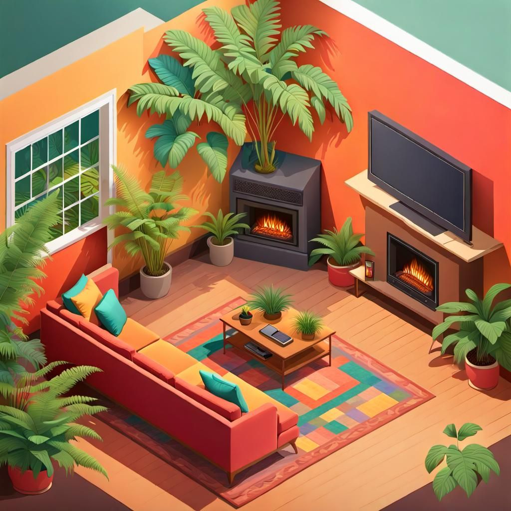 Cozy Tropical Living Room in Isometric Art Style
