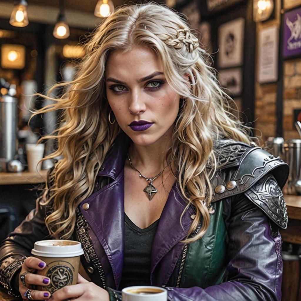 Valkyrie Biker with Viking Features Drinking Coffee