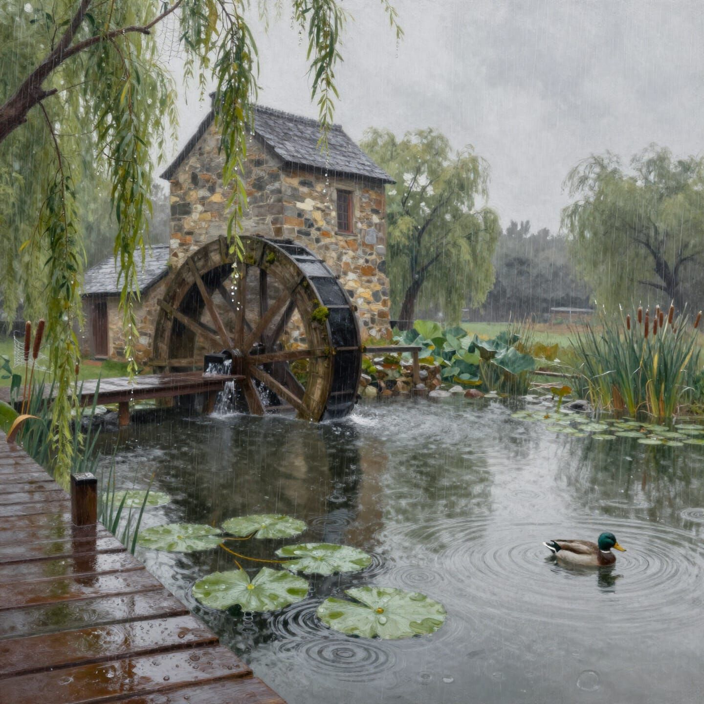 Impressionistic Oil Painting of Mill Pond in Gentle Rain