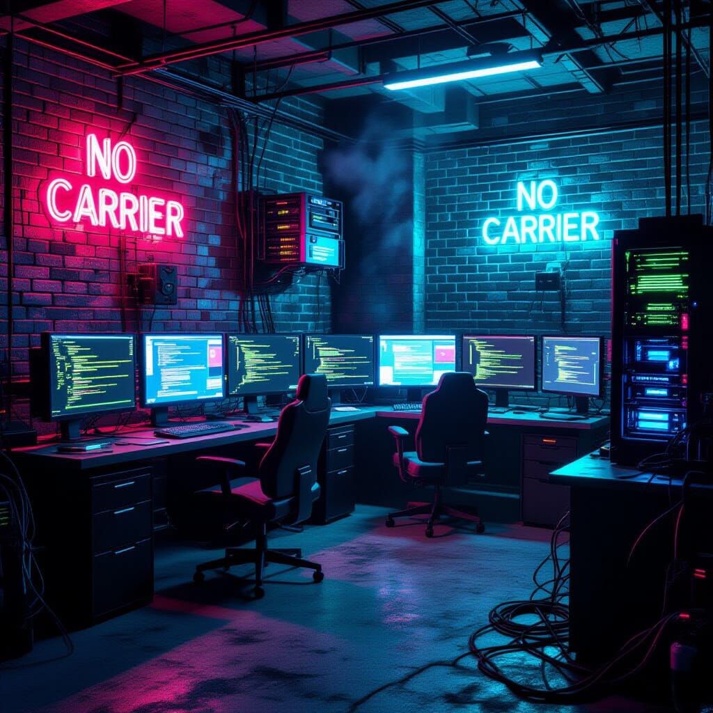 Cyberpunk Hackerspace Lair with Neon Lights and Code