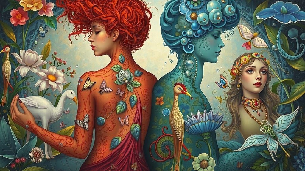 Filigree Woman Kisses Surreal Garden: Concept Art