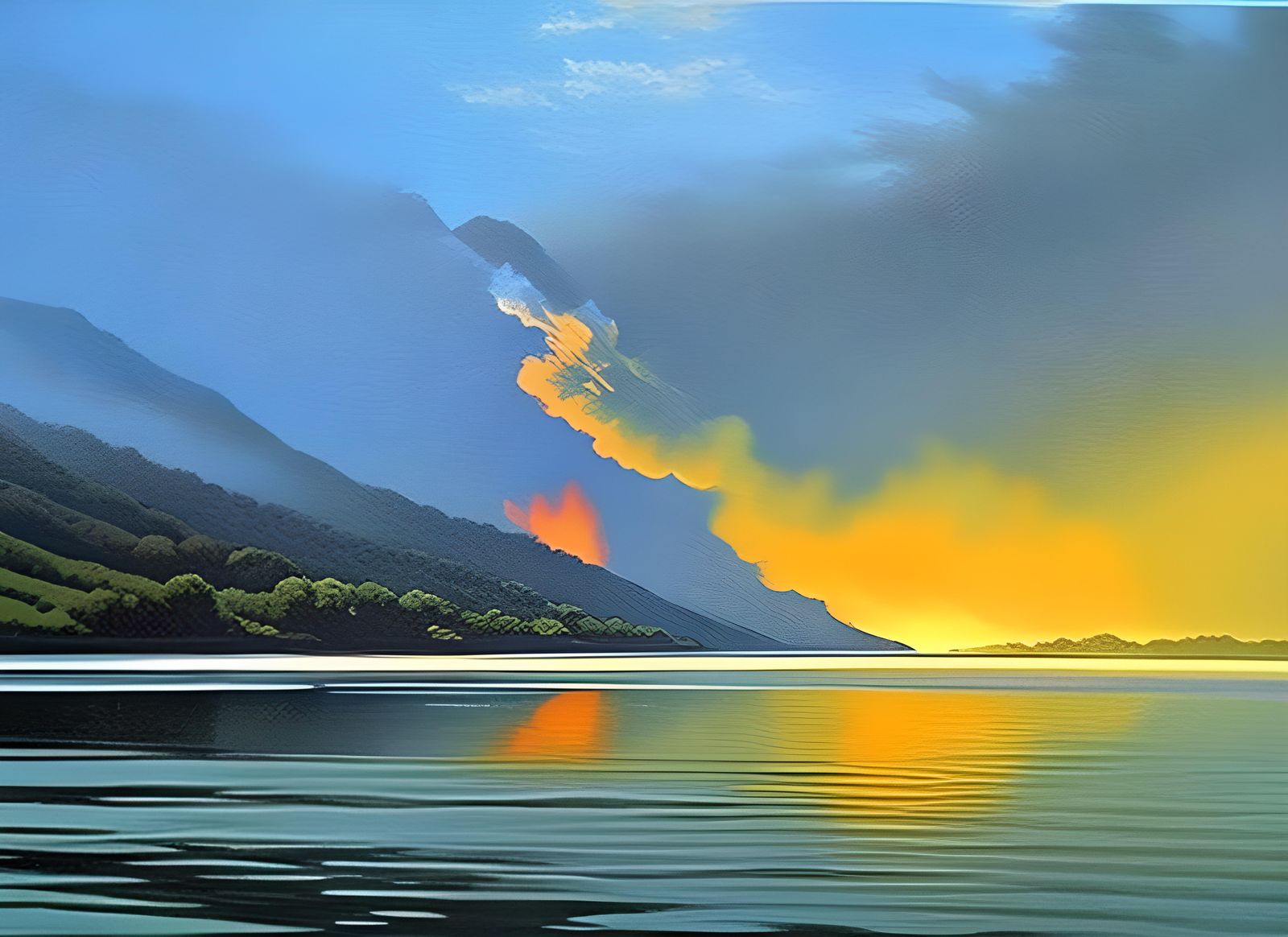 Fiery Sky Reflects on Smoky Water