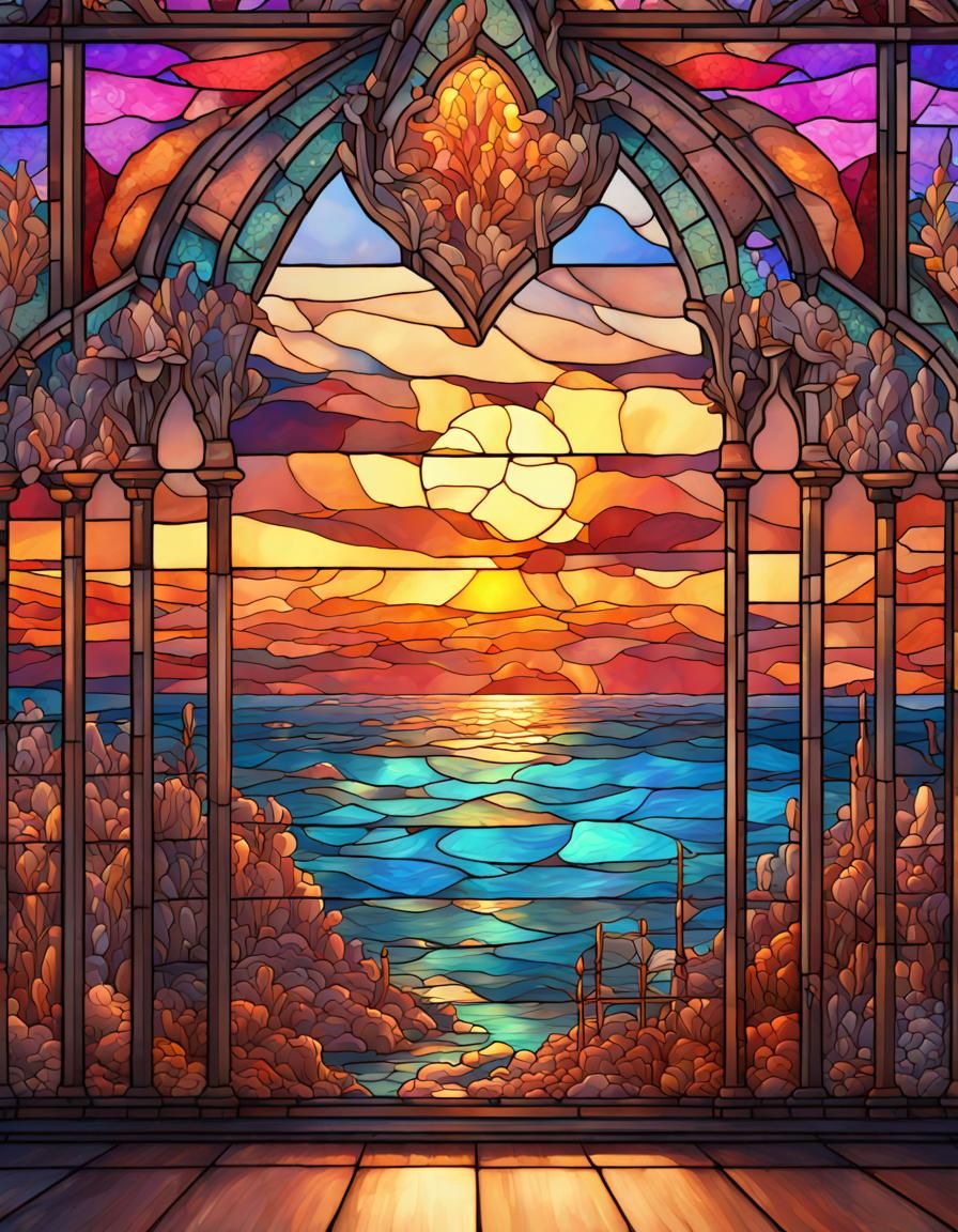 Stained Glass Sunset at Sea in Bright Colors