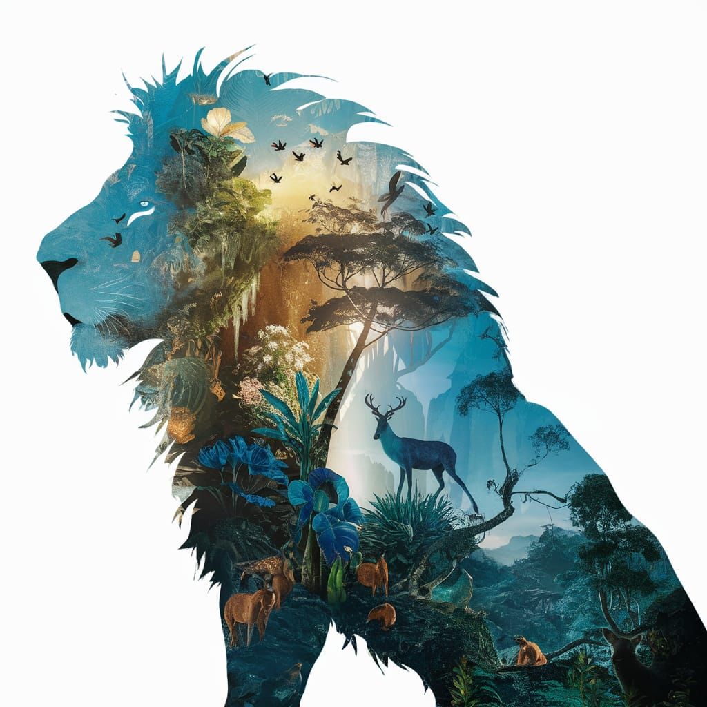 Lion Silhouette in Rainforest Double Exposure Art