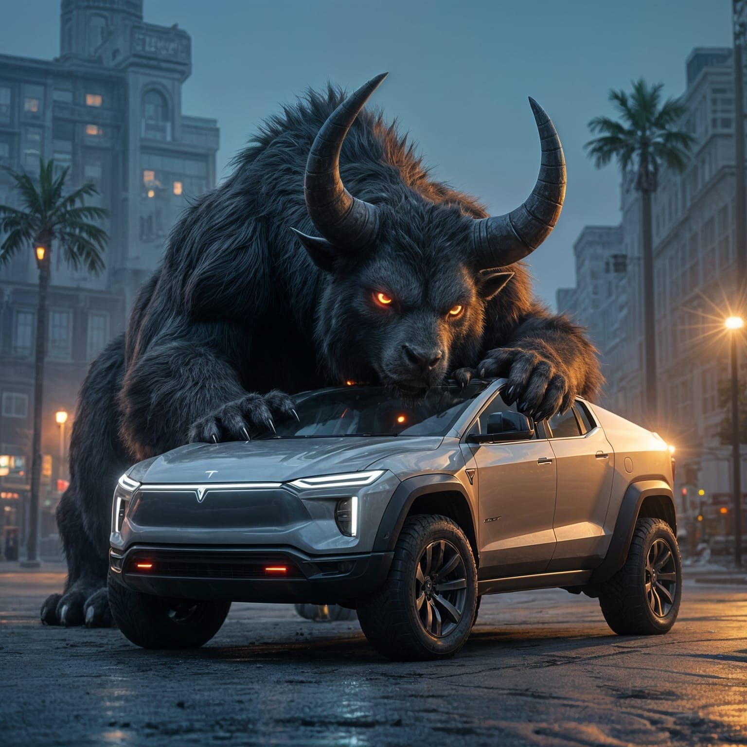 Giant Horned Beast Hugs Cybertruck: Cinematic Realism