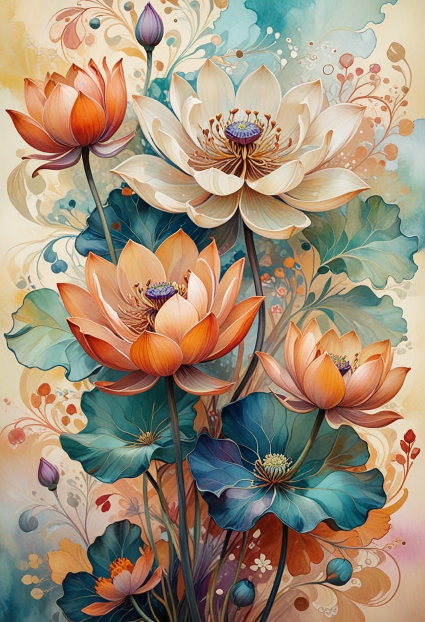 Vibrant Impressionist Lotus Flower in Warm, Swirling Colors