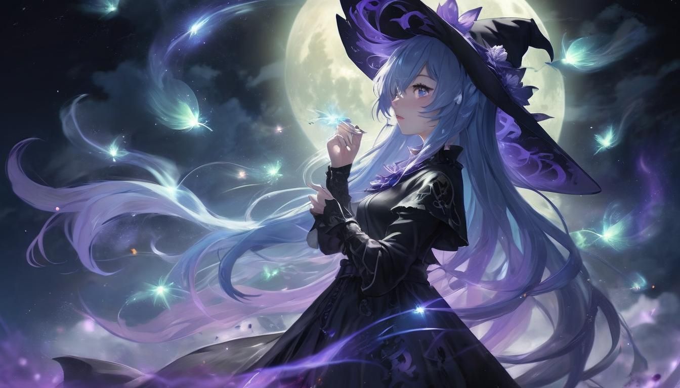 Mystical Witch with Magic Leaves in Moonlight Aurora