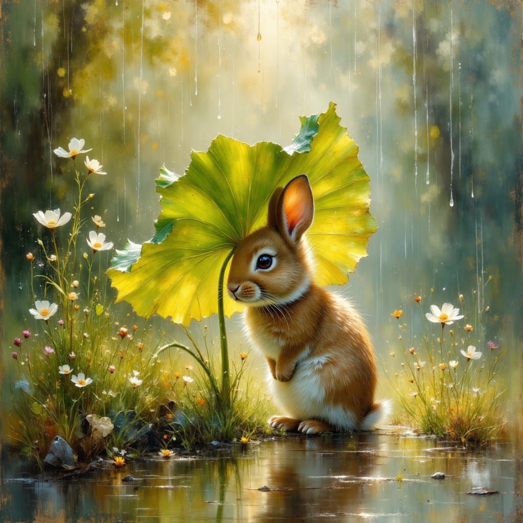 Rabbit Sheltering from Rain in Hyperdetailed Oil Painting