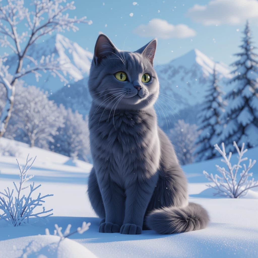 Grey Cat in Beautiful Winter Landscape