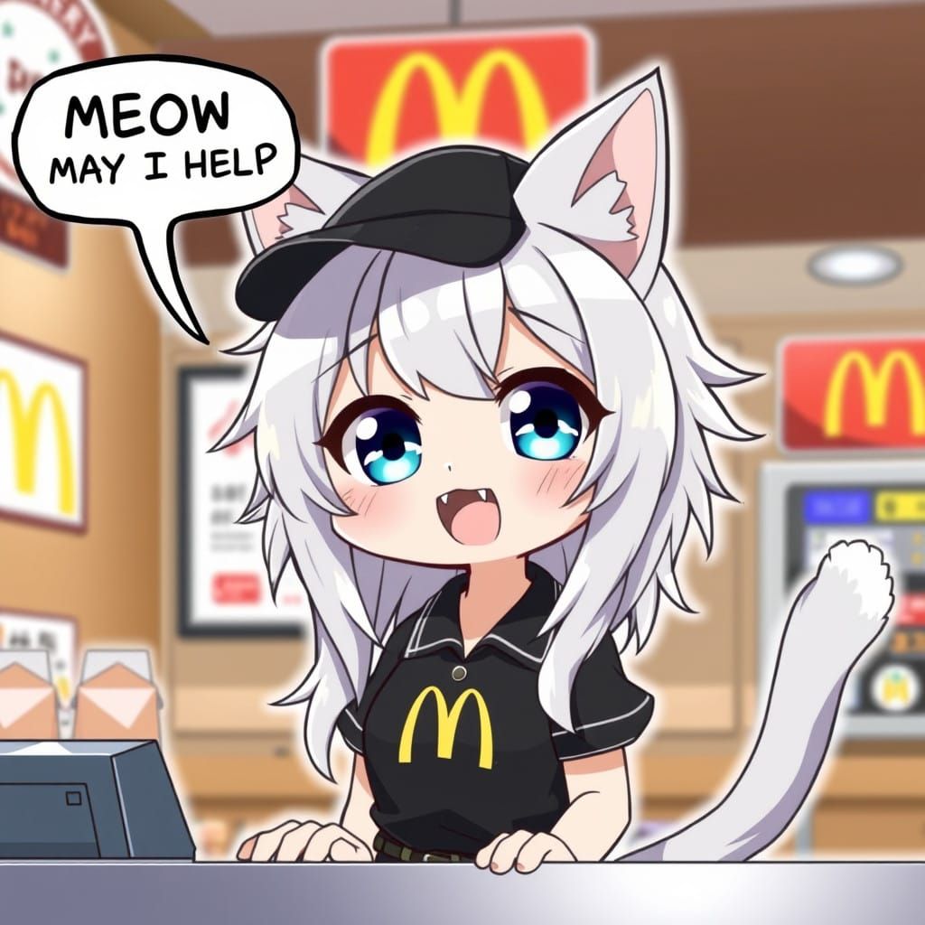 Cute Anime Catgirl Cashier in Japanese McDonald's