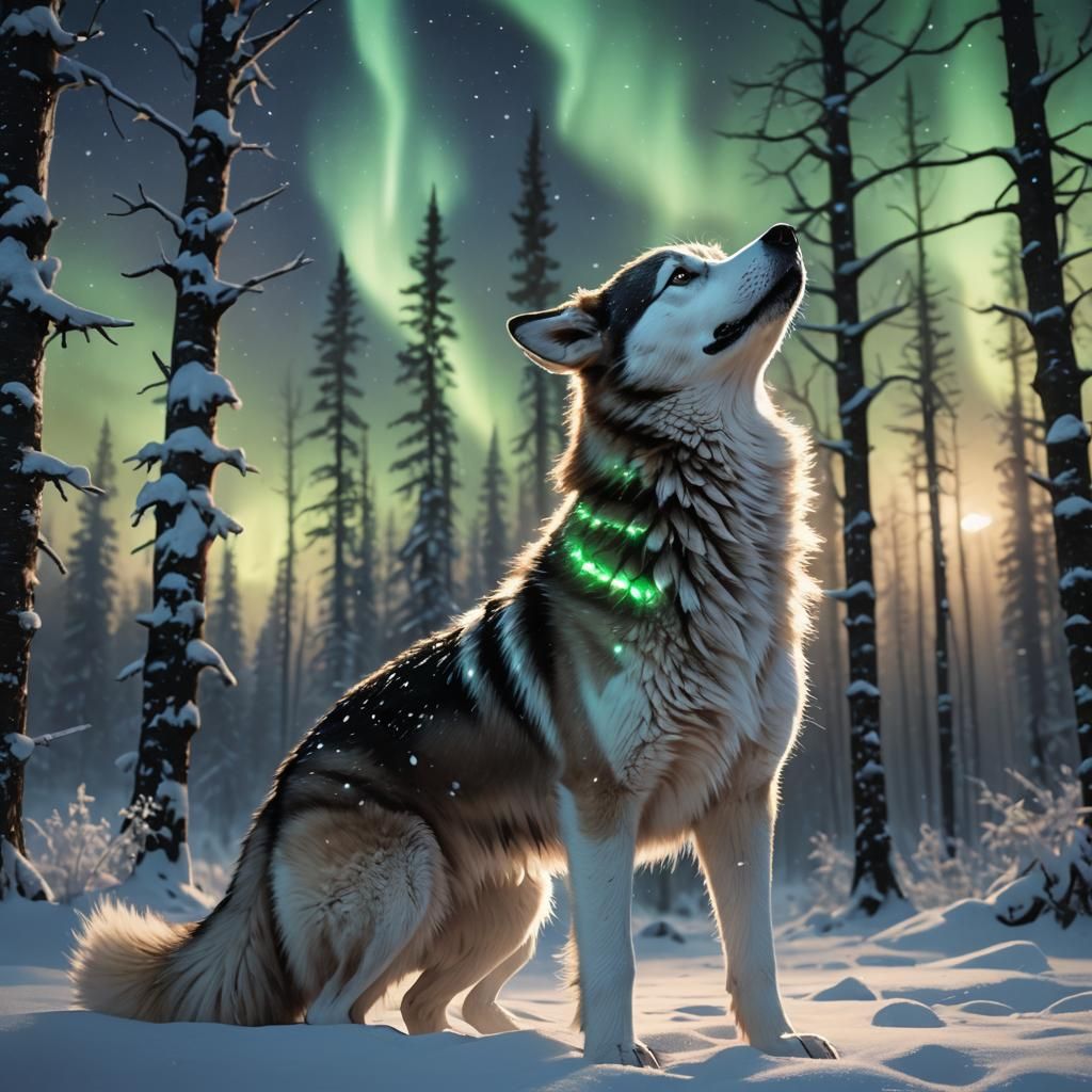 Husky Barking at Northern Lights: Fantasy Concept Art