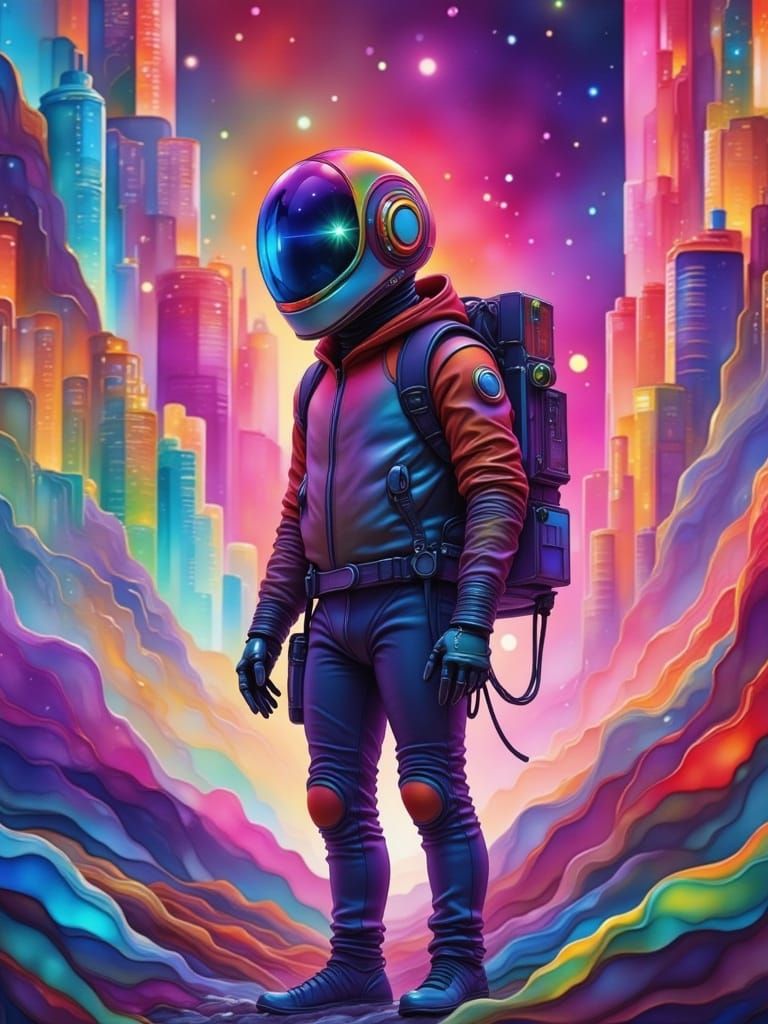 Stylized Futuristic Cityscape with Iridescent Waves and Stro...