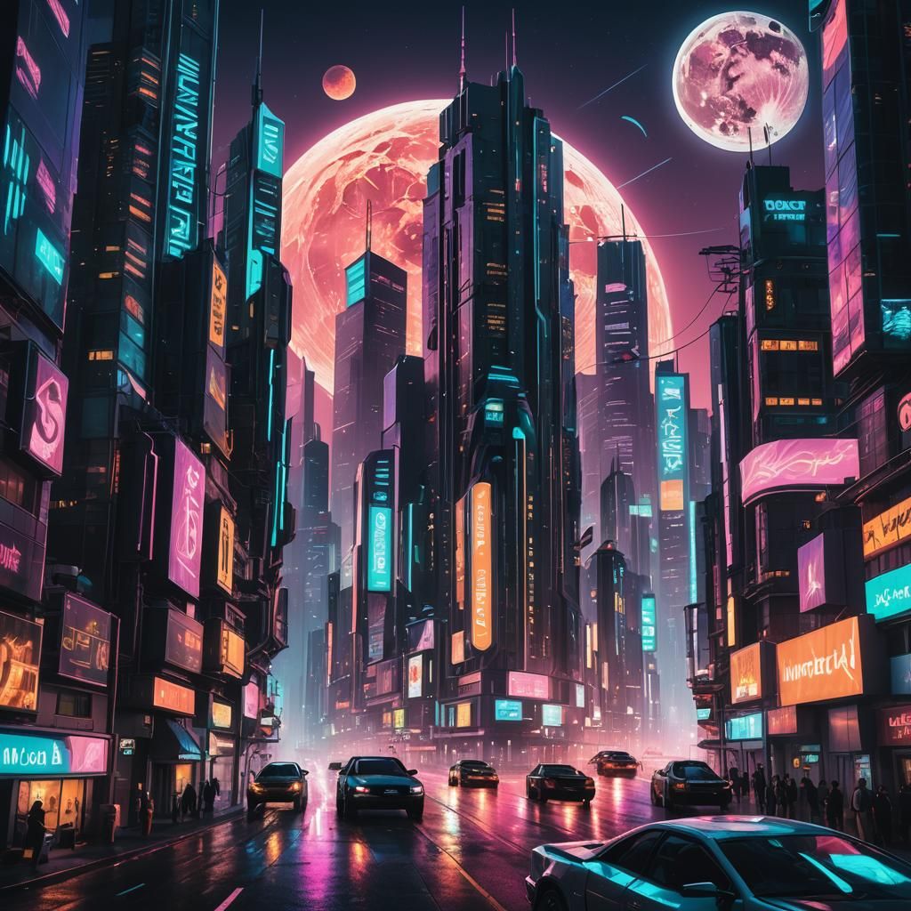 Cyberpunk Cityscape with Neon Lights and Hovering Cars