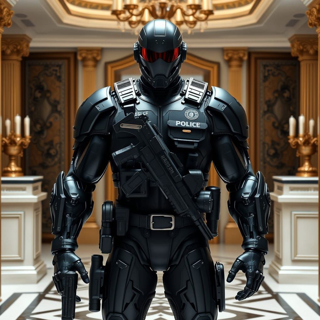 Cybernetic Enforcer in Tactical Gear Stands in Ornate Foyer