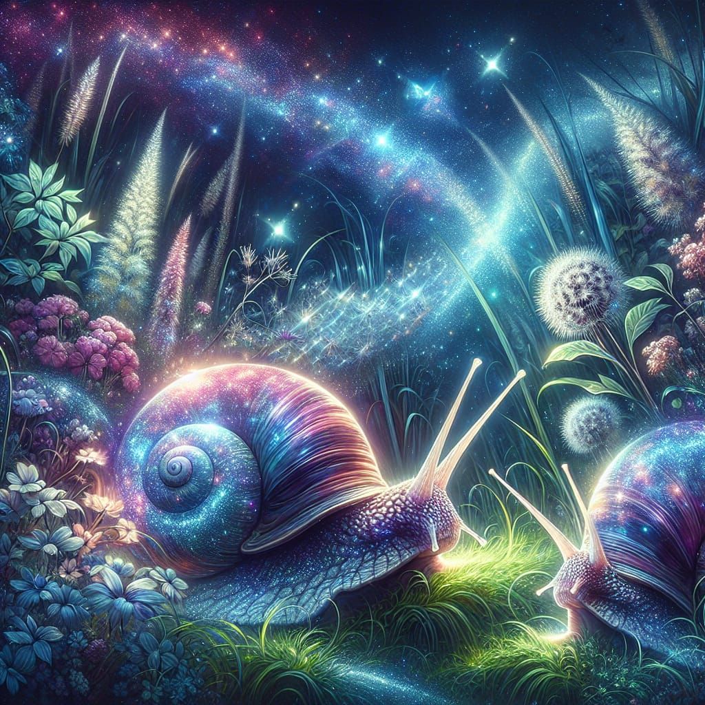 Galactic Snails with Iridescent Shells in Lush Garden