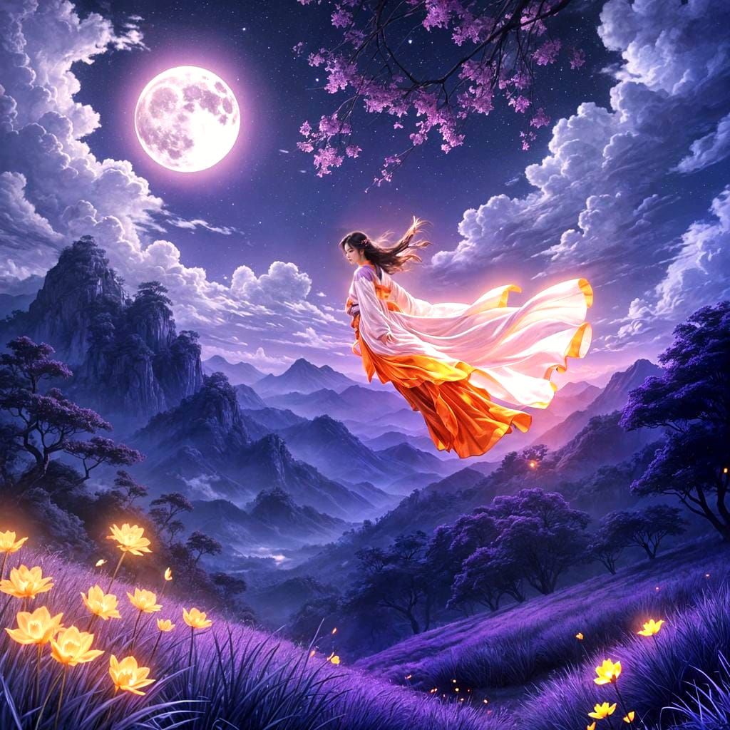 a wuxia flying young girl glowing orange floating under a fu...