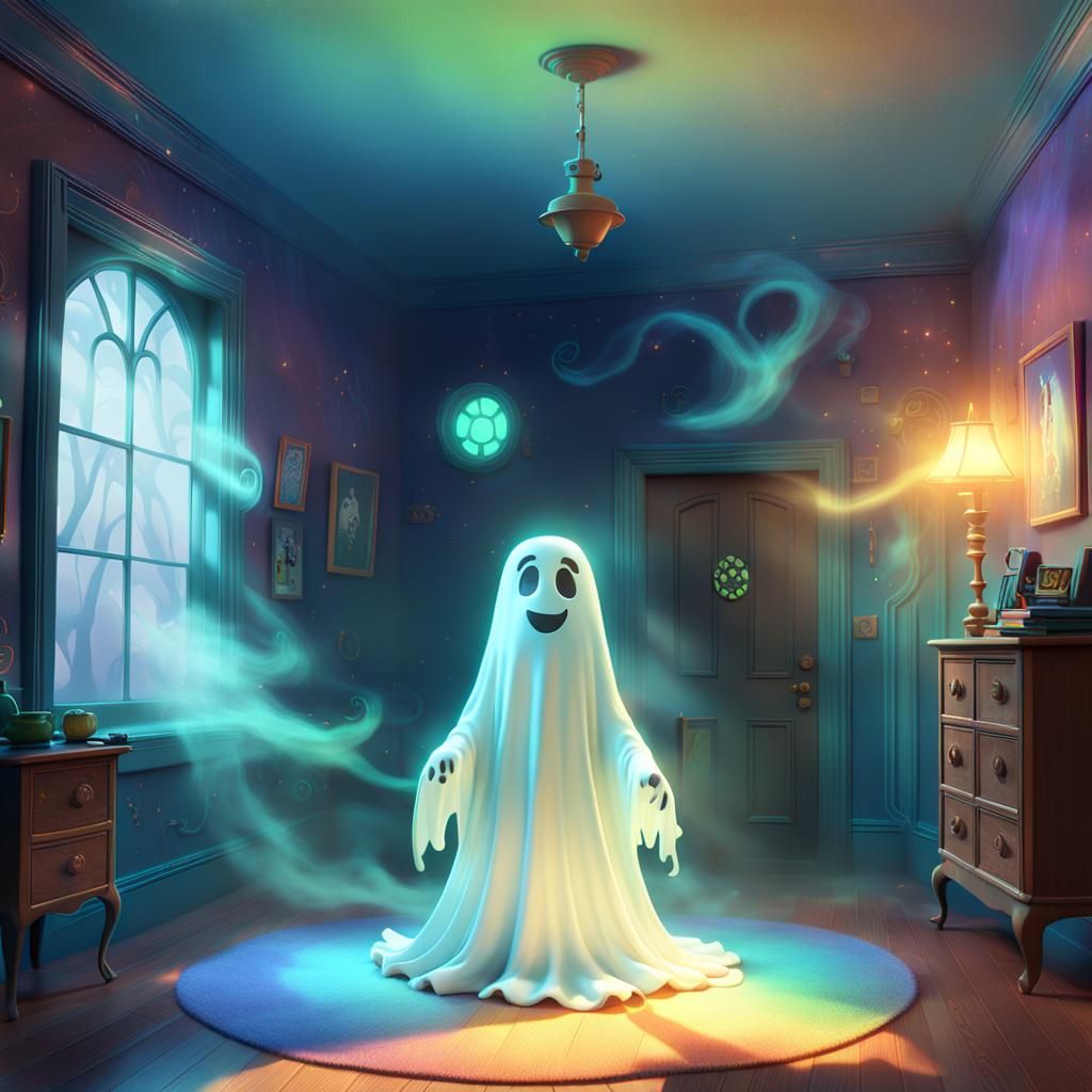 Friendly Ghost in Whimsical Room: Pixar Style 3D Art