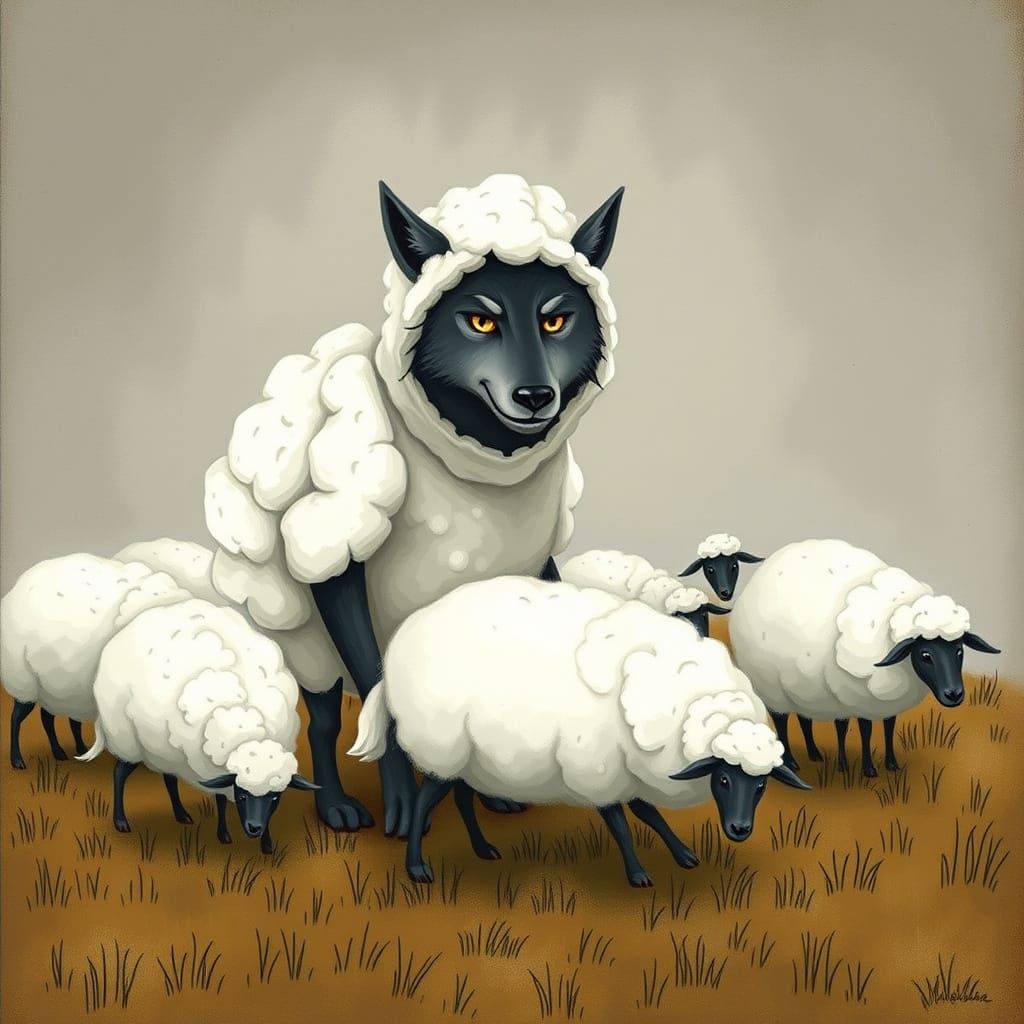 Wolf in Sheep Costume on Meadow