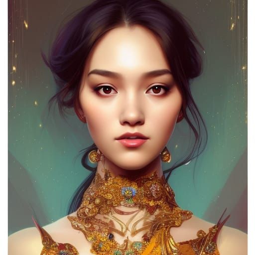 Beautiful Thai Woman Portrait in Art Nouveau Style
