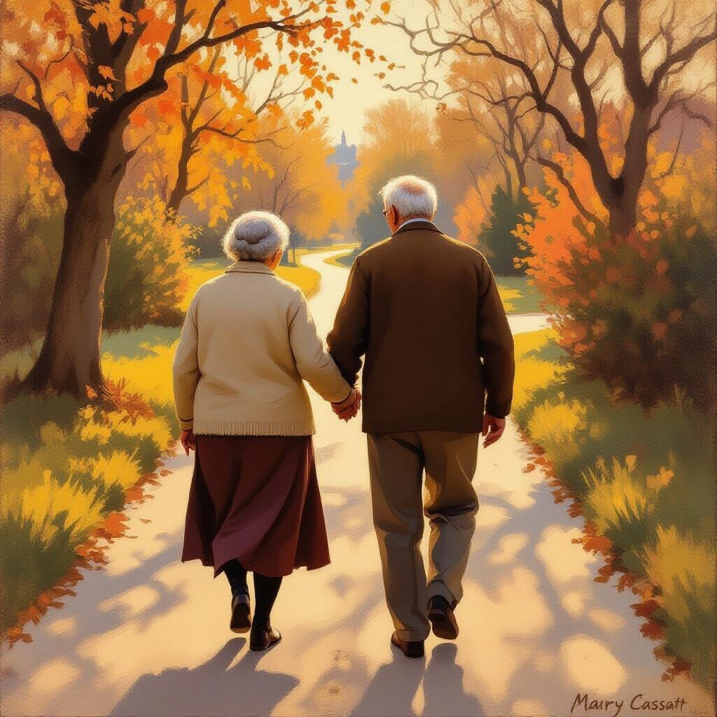 Elderly Couple Walking in Golden Hour Light