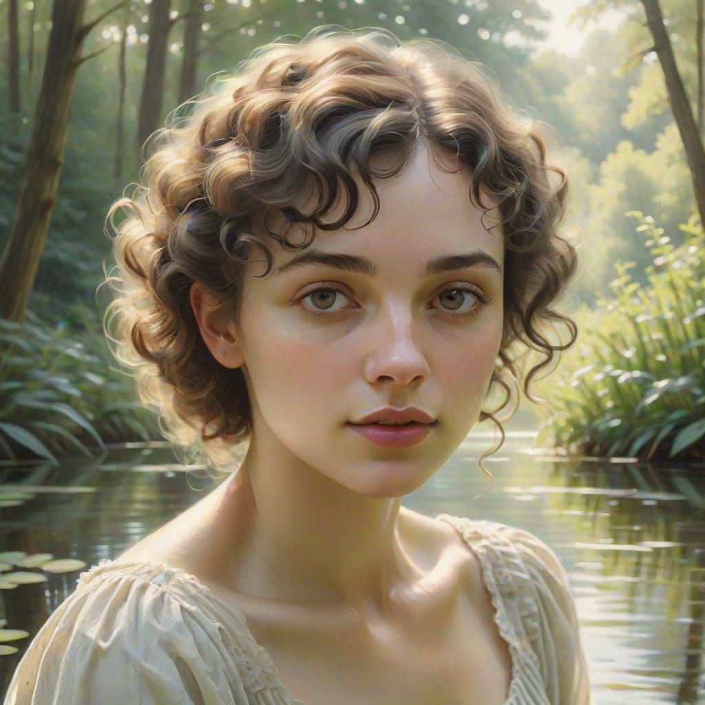 Victorian Woman in Forest Glade Pencil Sketch