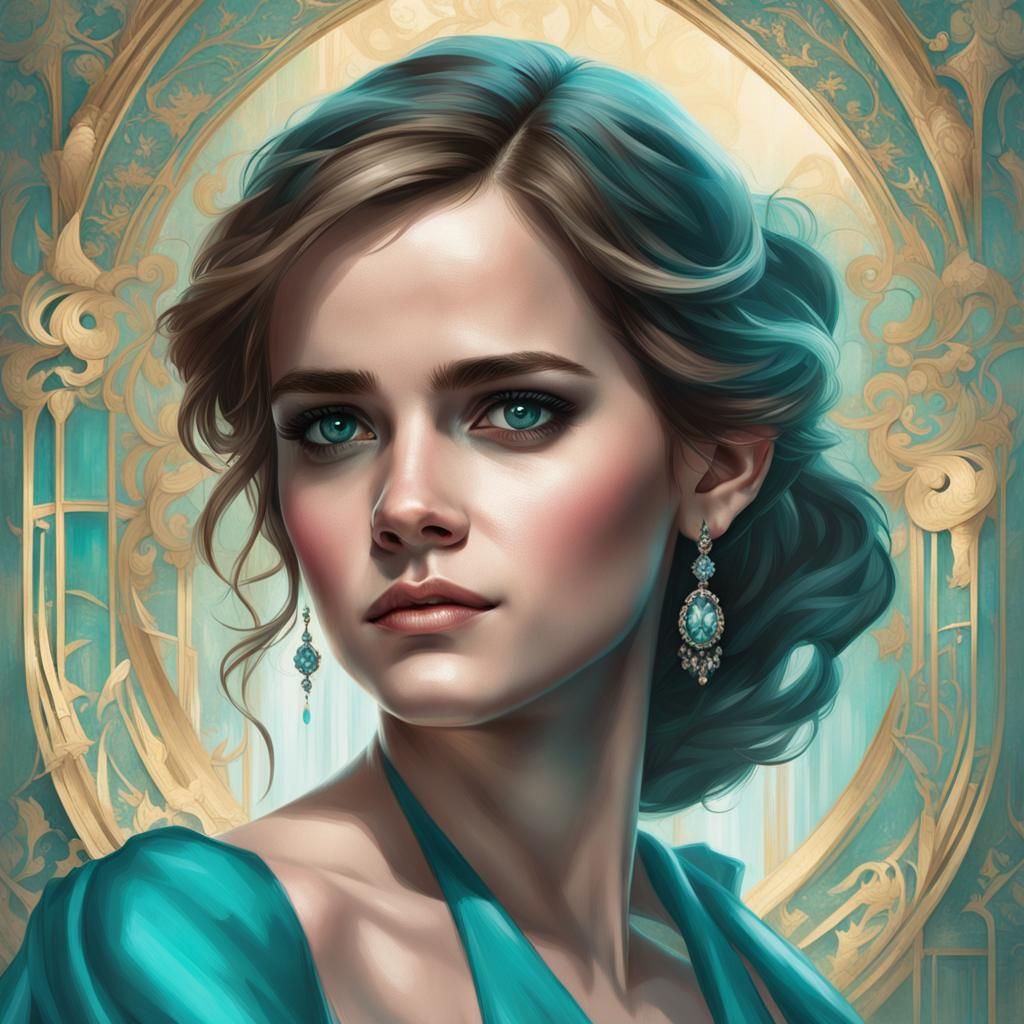 Emma Watson in Teal Gown, Digital Art Portrait