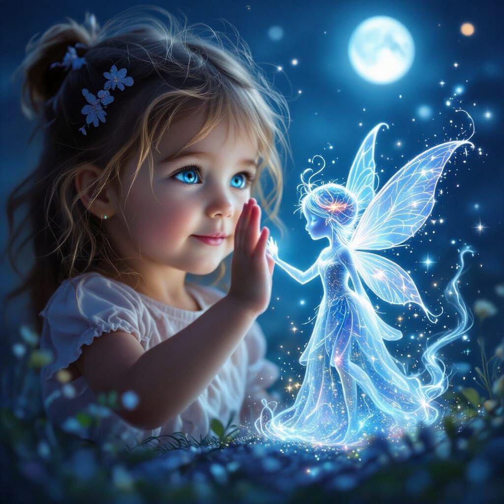 Girl High Fives Enchanted Smoke Fairy Under Moonlight