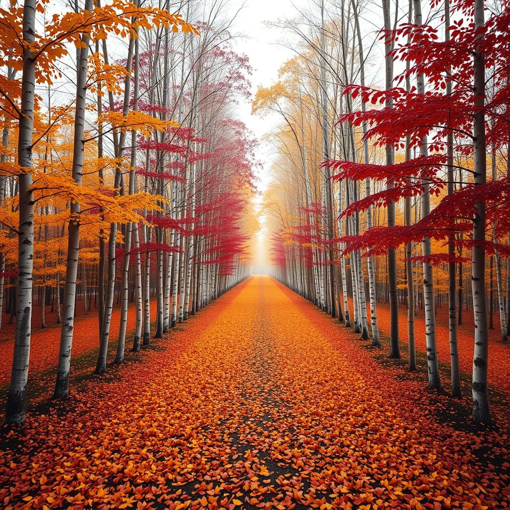 Symmetrical Forest Path in Autumn Light