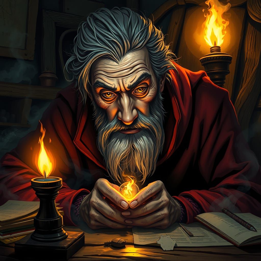 Smeared Wizard Peers at Mystical Object in Golden Torchlight