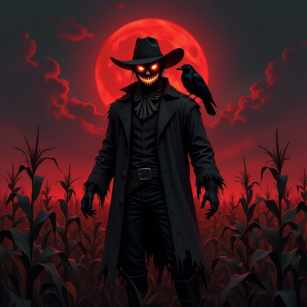 Sinister Scarecrow in Decaying Cornfield Under Blood Moon