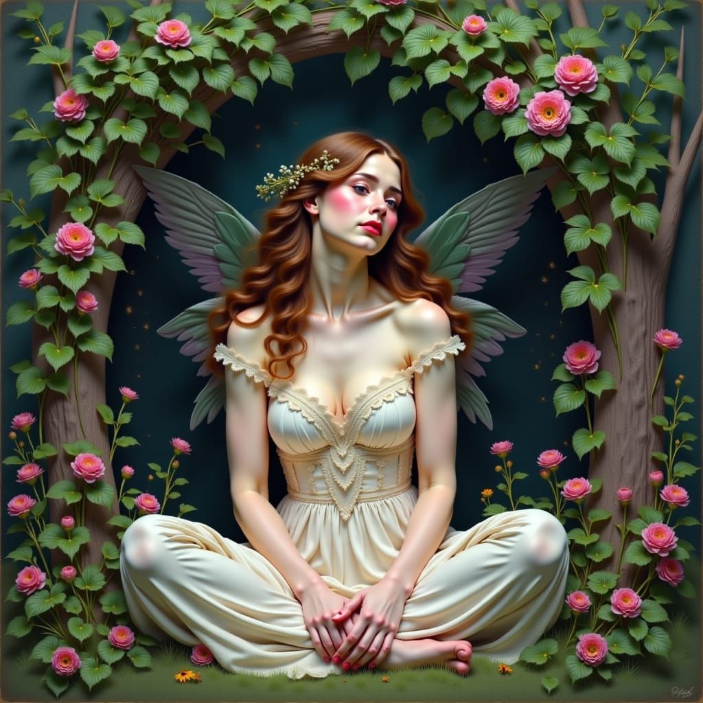 Serene Woman in Forest, Whimsical Lines, Soft Colors