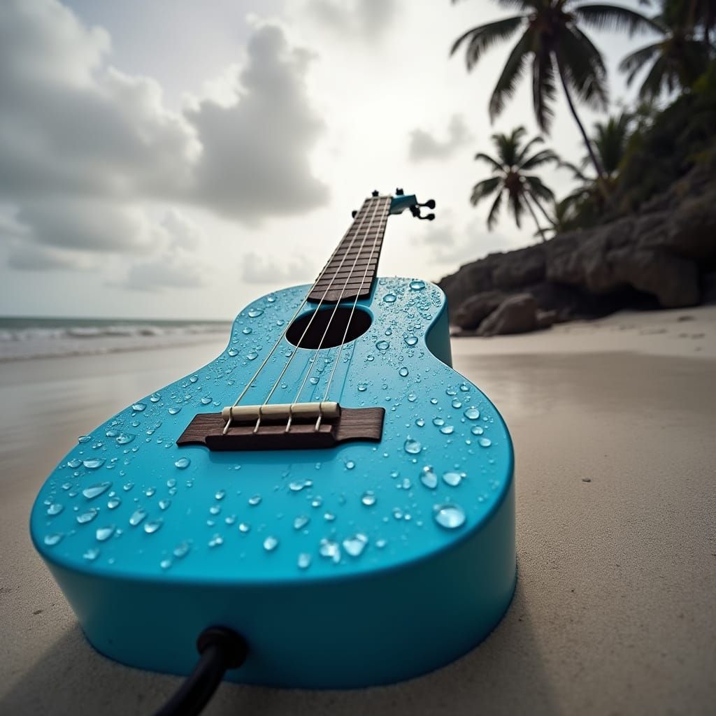 Blue Ukulele on Tropical Beach in High Contrast
