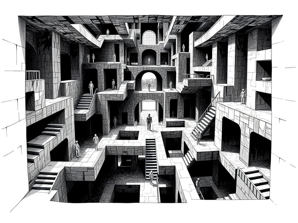 Escher-Inspired Brutalist Labyrinth with Impossible Figures