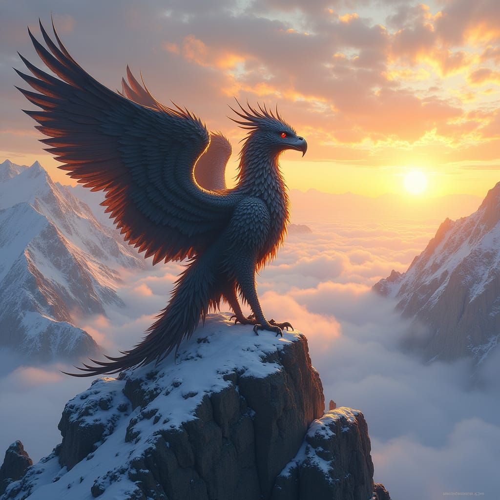 Armored Griffin Perched Atop Snowy Peak