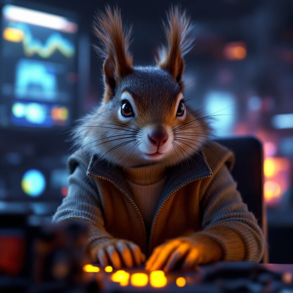 Cyberpunk Engineer Squirrel in Neon-Lit Cubicle