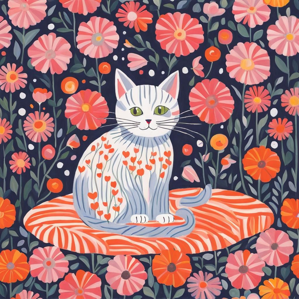 Cute Cat Surrounded by Flowers and Heart Lights