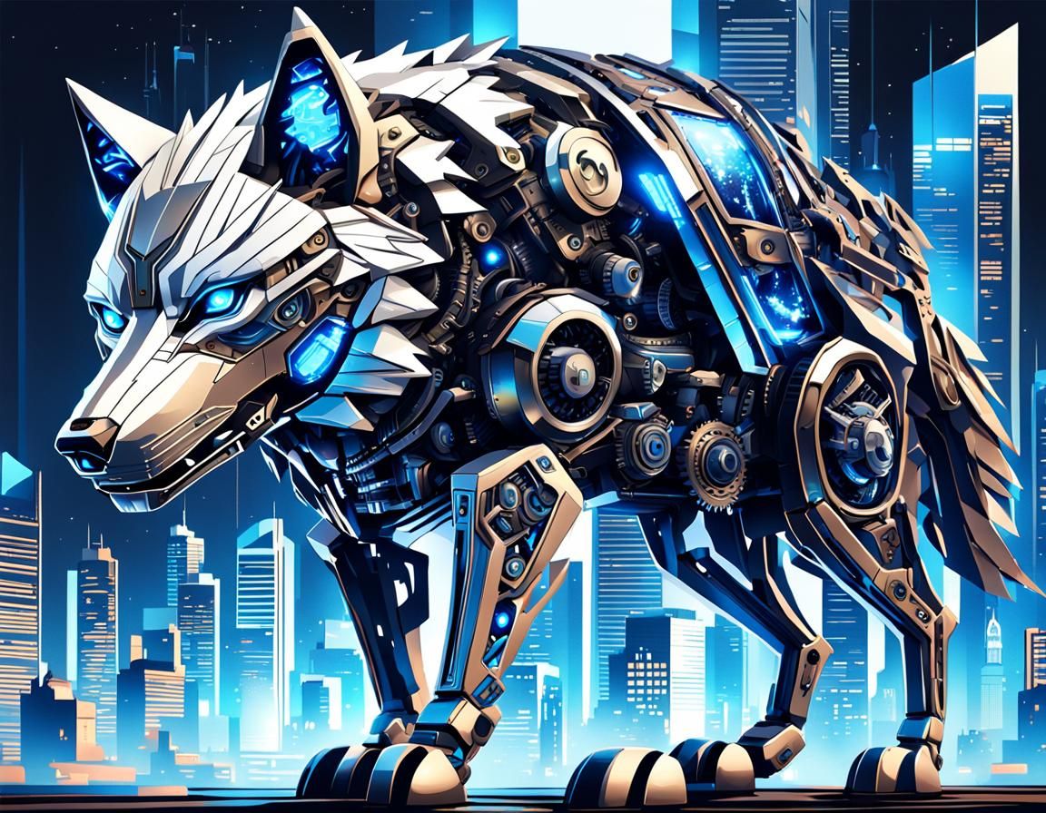 Futuristic Anime Cyborg Wolf in Cyberpunk City