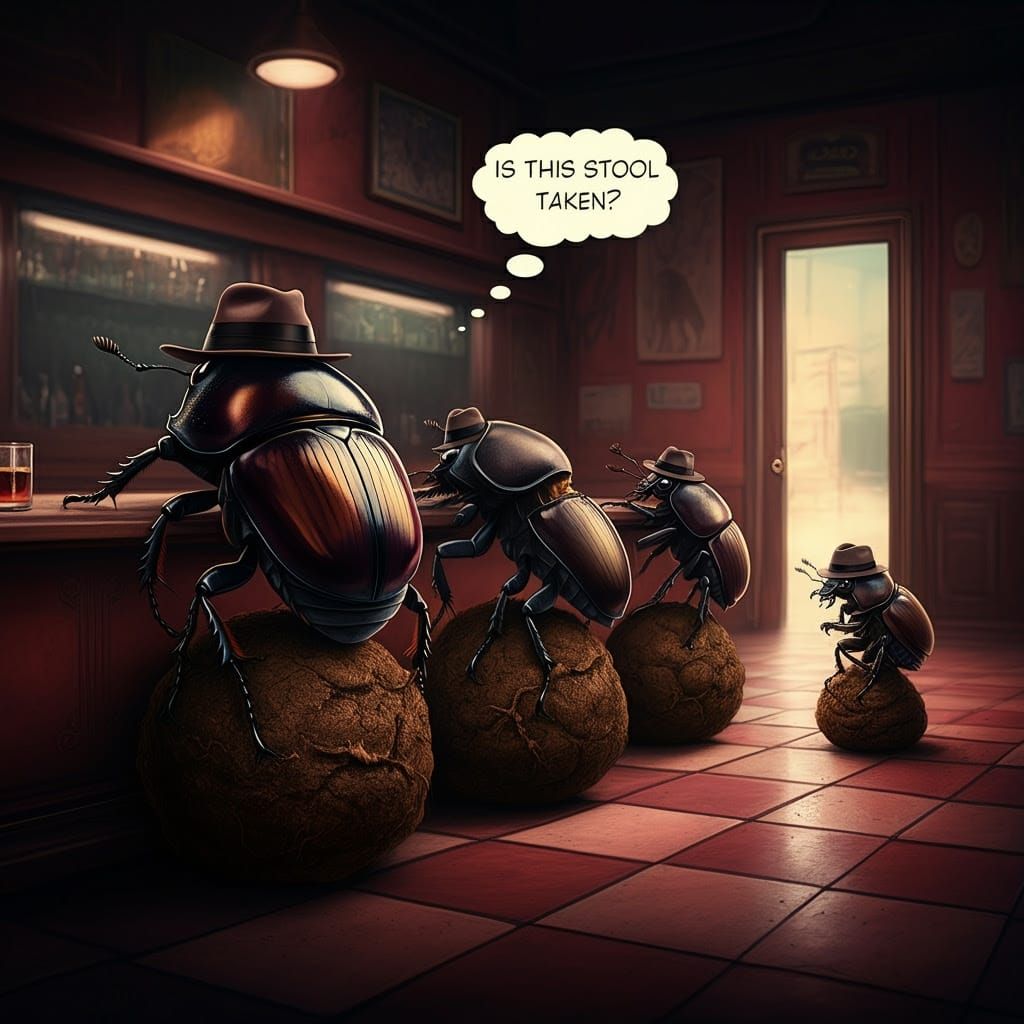 Dung Beetle Bar Scene in Neon Style