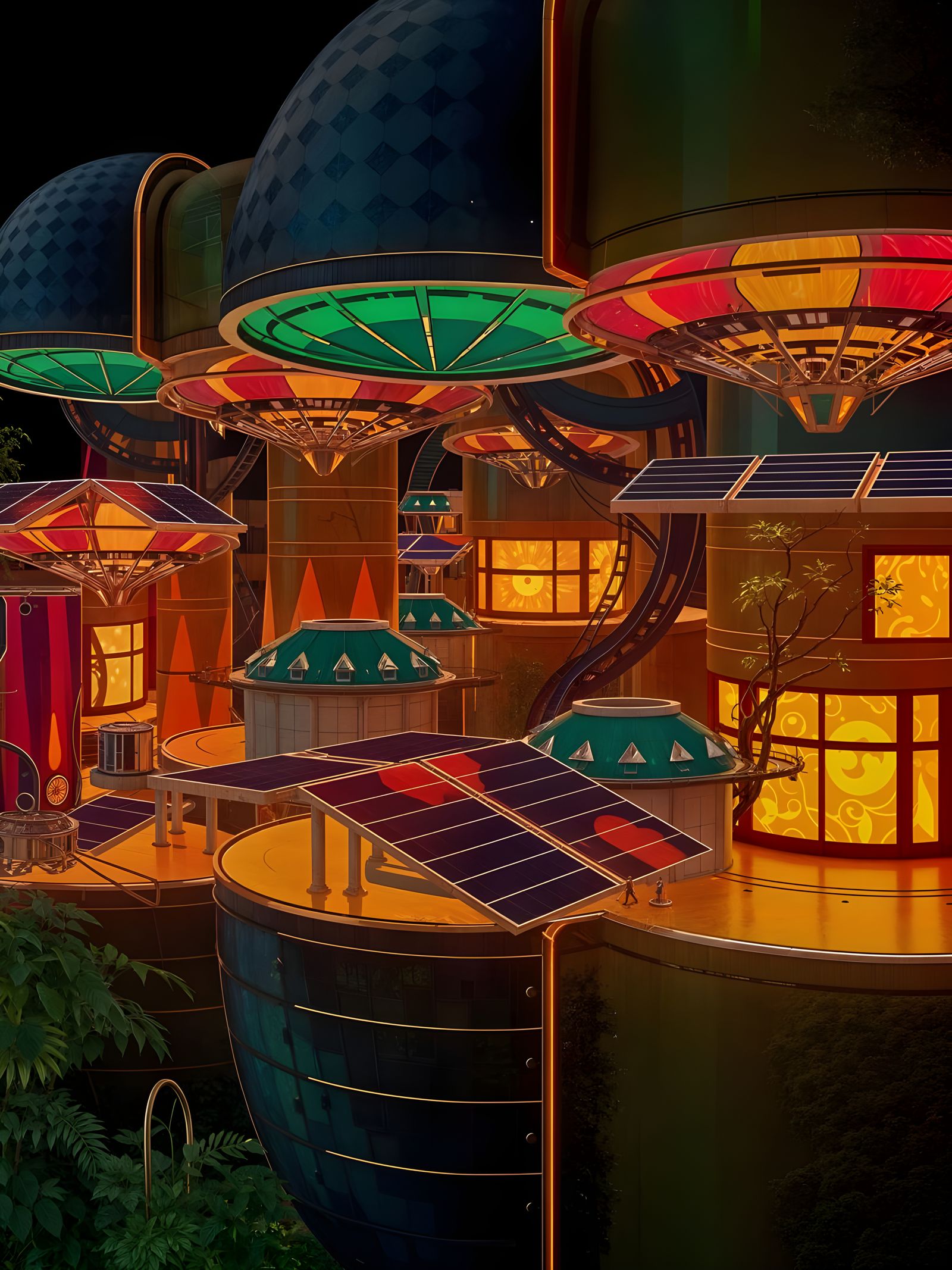 Solar Punk Cityscape with Optical Illusions and Futuristic T...