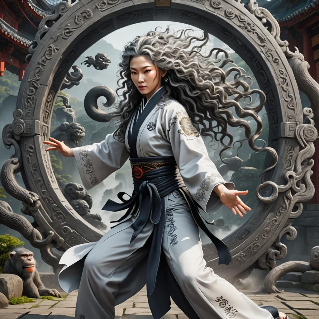 Woman Practicing Kung Fu in Chinese Temple