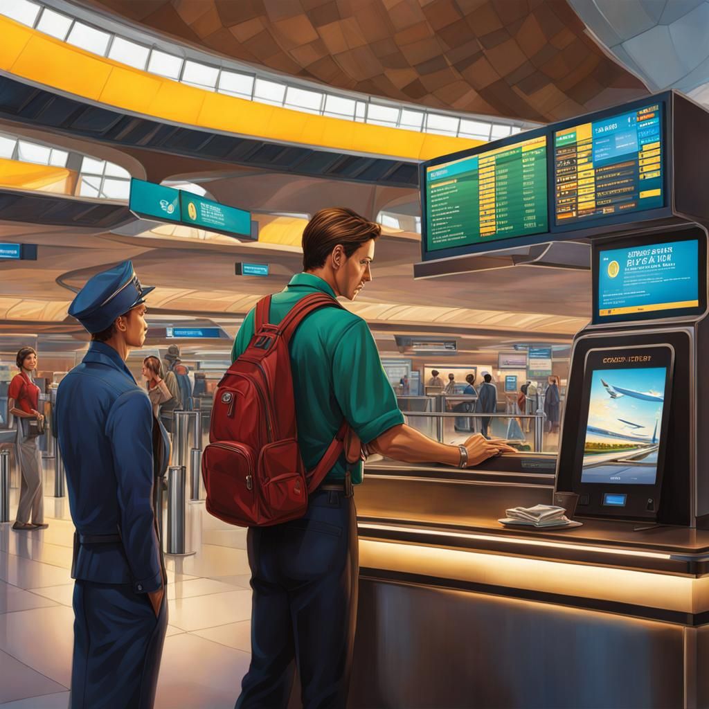 Checking in at Airport Kiosk: Hyperrealistic Digital Art