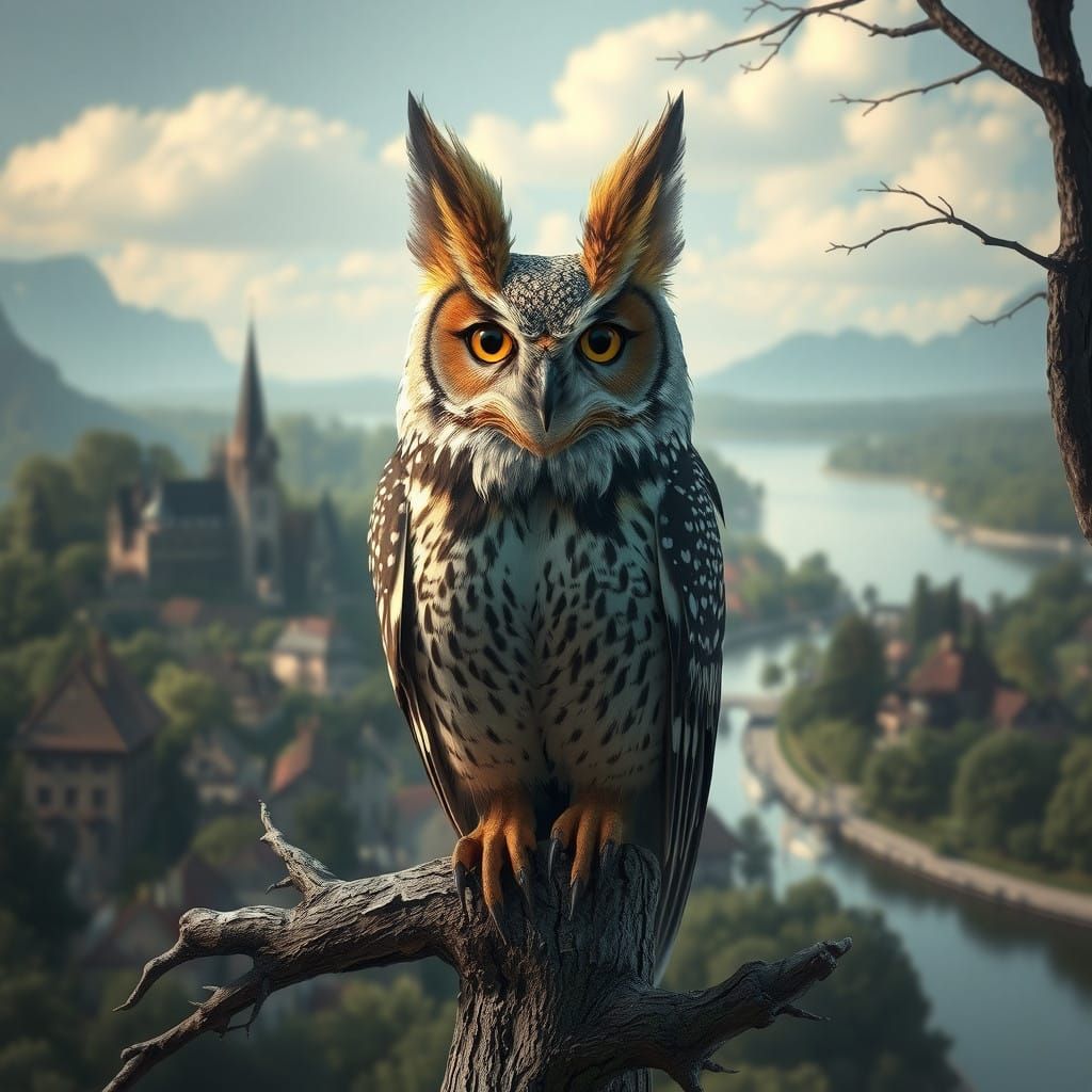 Regal Owl with Enlarged Fox Ears Set Against a Serene Villag...