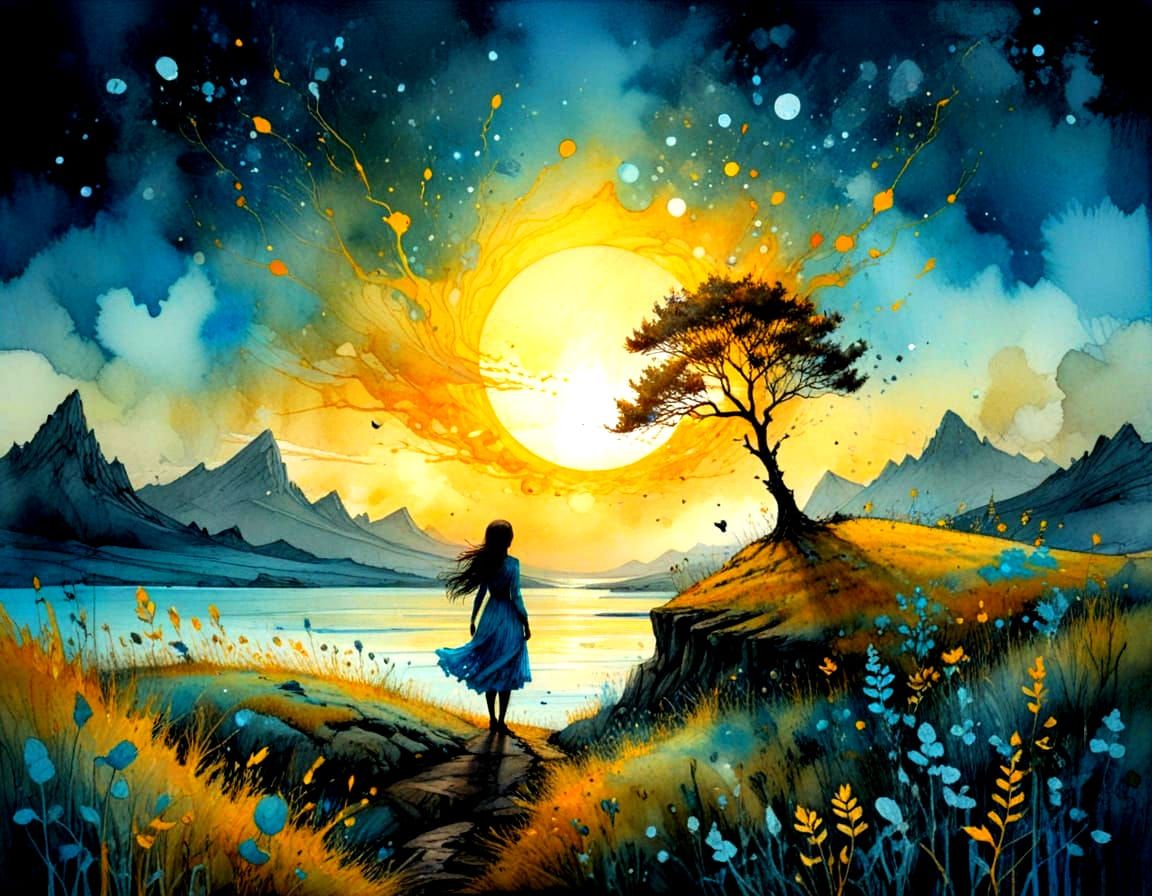 Dreamy Sunrise Watercolor Painting in Whimsical Style