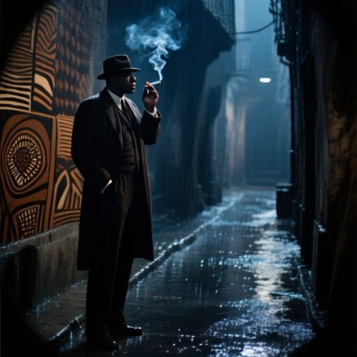 Film Noir Detective in Rainy Alleyway, African Art Infusion